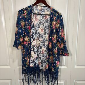 Sweet Rain Kimono Womens M Boho Floral Lace Fringe Open Front Festival Goth